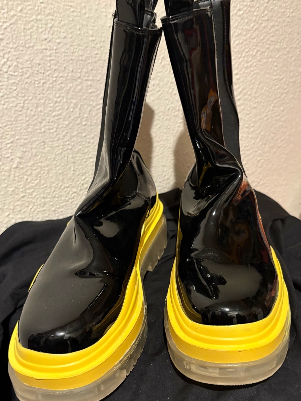 Azalea Wang Black Patent Neon Yellow Platform Boots